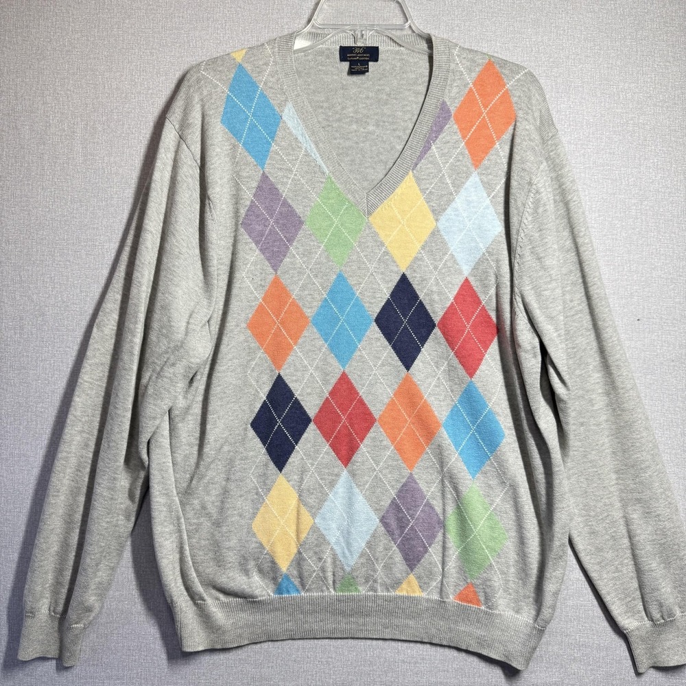 Brooks Brothers Sweater Mens Large Gray Argyle V Neck Supima Cotton Pullover 346